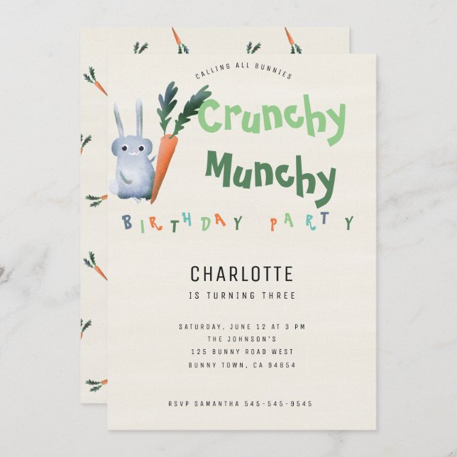 Crunchy Munchy Bunny Birthday Party Funny Cute Kid Invitation (Front/Back)
