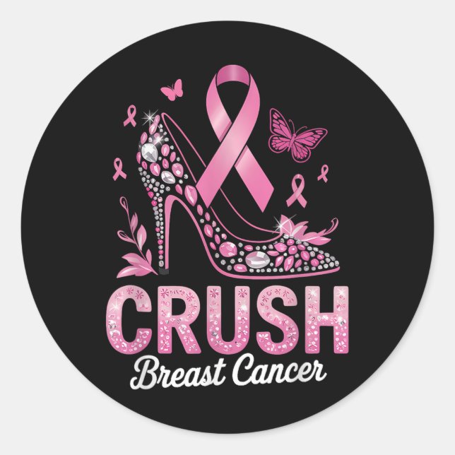 Crush Breast Cancer Awareness Warrior Pink Ribbon  Classic Round Sticker (Front)