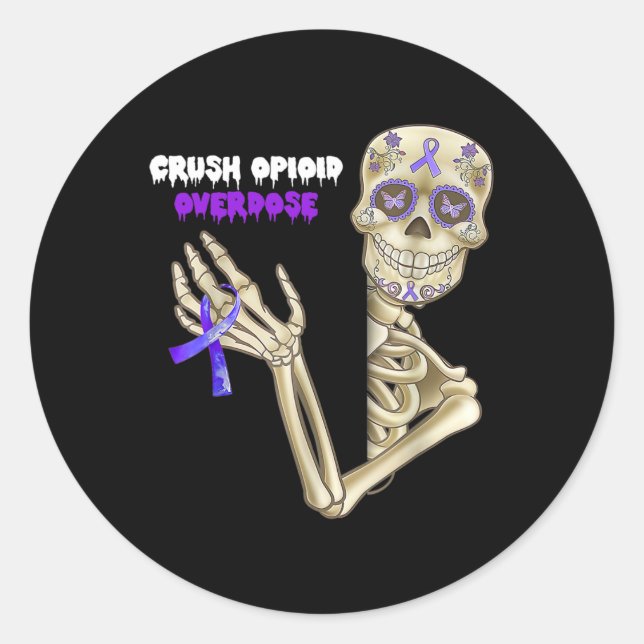 Crush Opioid Overdose Awareness Fun Skeleton Purpl Classic Round Sticker (Front)