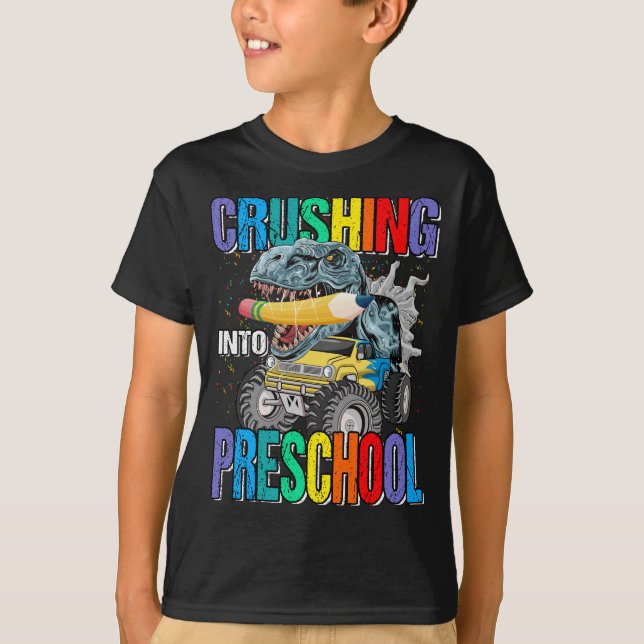 Crushing Into Preschool Monster Truck Dinosaur Boy T-Shirt (Front)
