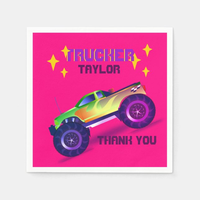 Crushing It MONSTER TRUCK Girls Pink Thank You Napkin (Front)