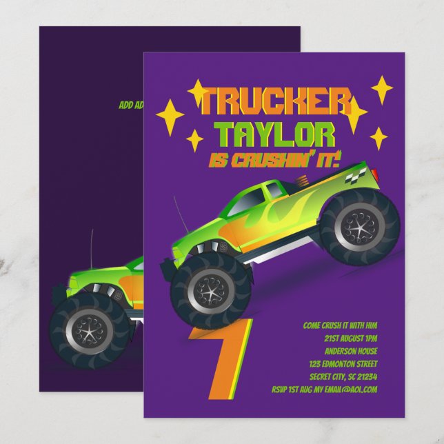 CRUSHING IT Monster Truck Neon Birthday Party Kids Invitation (Front/Back)