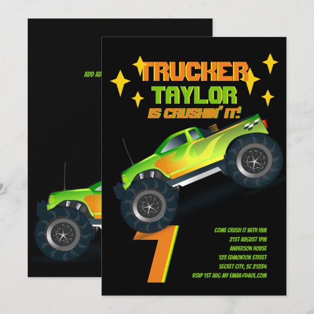 CRUSHING IT Monster Truck Neon Birthday Party Kids Invitation (Front/Back)