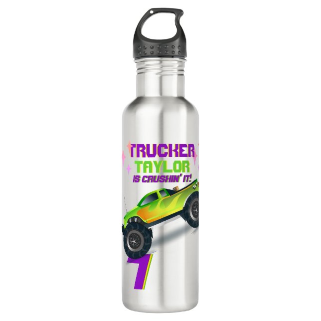 Crushing It MONSTER TRUCK PINK Birthday AGE NAME 710 Ml Water Bottle (Front)