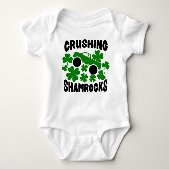 Crushing Shamrocks St. Patrick's Day MonsterTruck  Baby Bodysuit (Front)