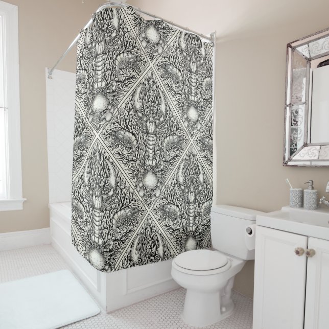 Crustacean in black and natural white shower curtain (In Situ)