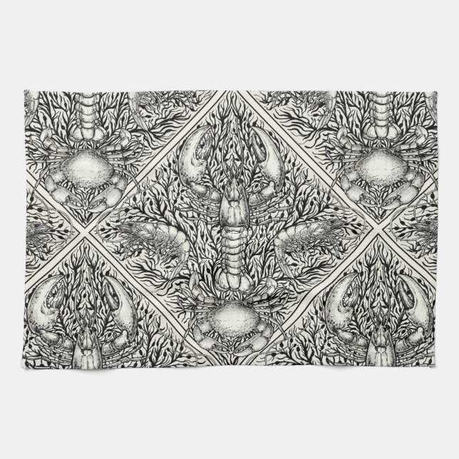Crustacean in black and natural white tea towel (Horizontal)
