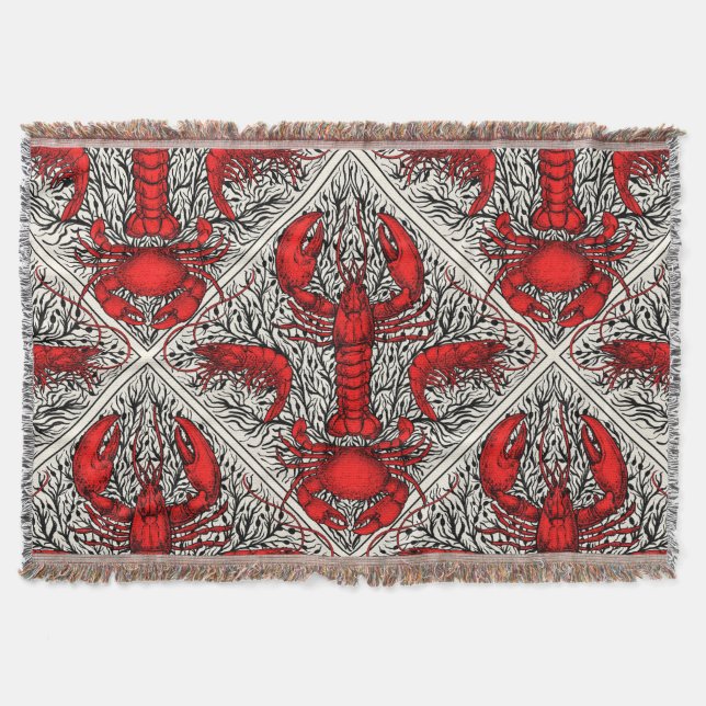 Crustacean in red, black and ivory throw blanket (Front)