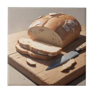 Crusty Bread and Slices on Wooden Board Tile