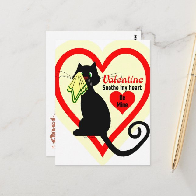 Crying Black Cat Old Fashioned Valentine Vintage Postcard (Front/Back In Situ)