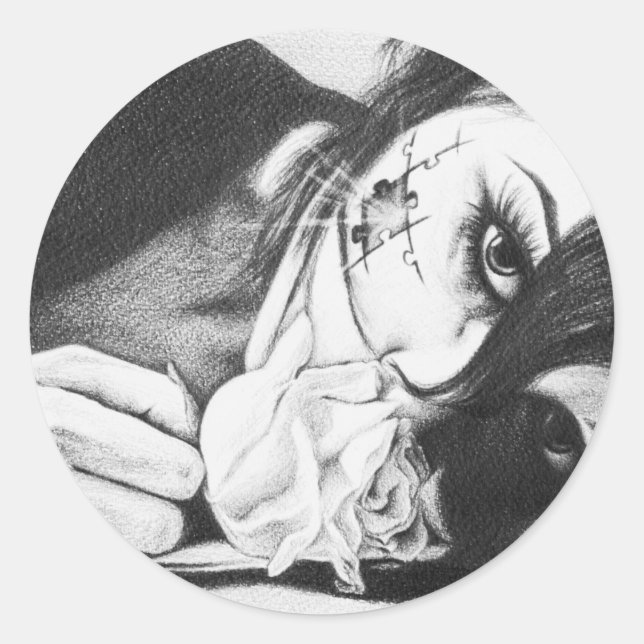 Crying girl with rose Surreal drawing art Classic Round Sticker (Front)