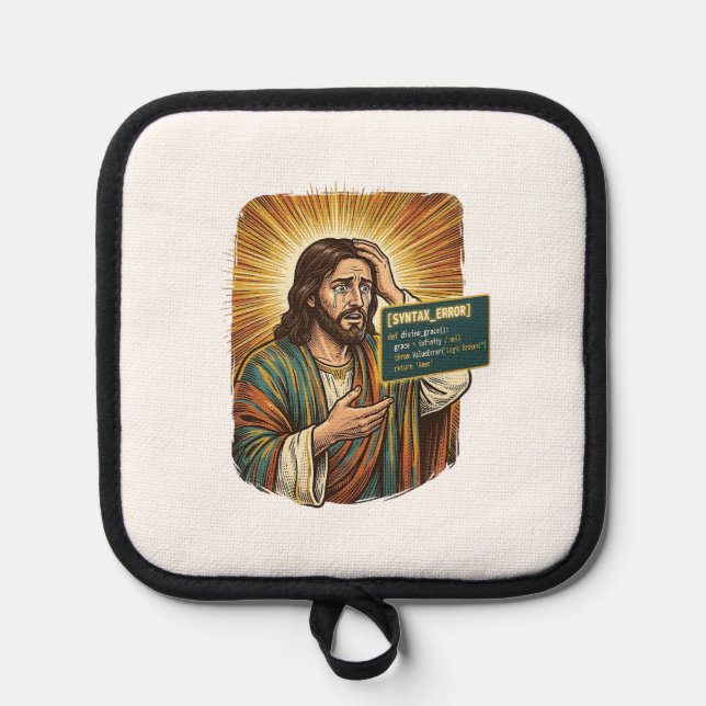 Crying Jesus Syntax Error Coding Programmer Softwa Pot Holder (Front)