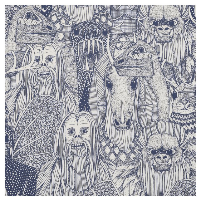 cryptid crowd blue off white fabric (Swatch)