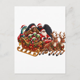  Cryptid Sleigh Ride Bigfoot Mothman Alien Santa  Postcard