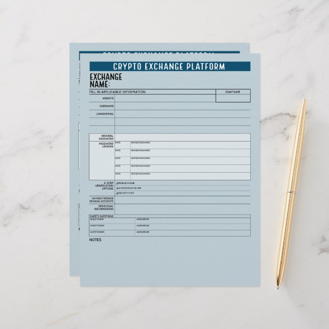 Crypto Exchange Platform Passwords Offline Keeper Custom Letterhead (Front/Back In Situ)