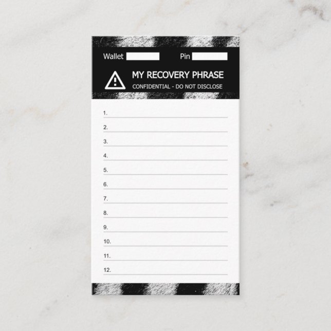 Crypto Wallet Zebra Recovery Seed Phrase 12 Business Card (Front)