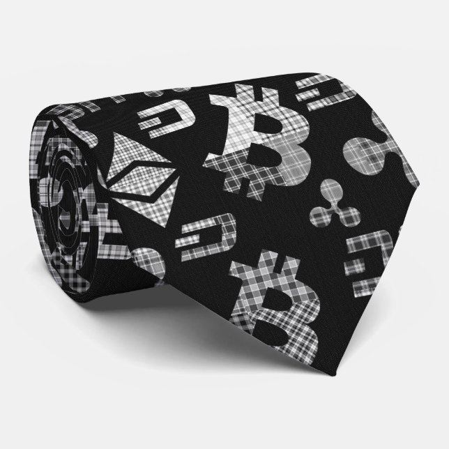 Cryptocurrencies Black & White Pattern Neck Tie (Rolled)