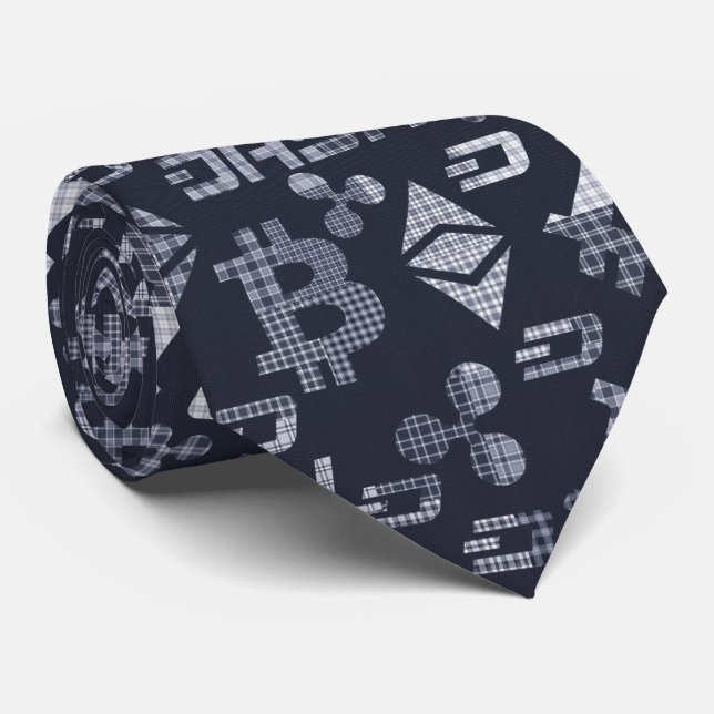 Cryptocurrencies Tartan Blue Pattern Neck Tie (Rolled)