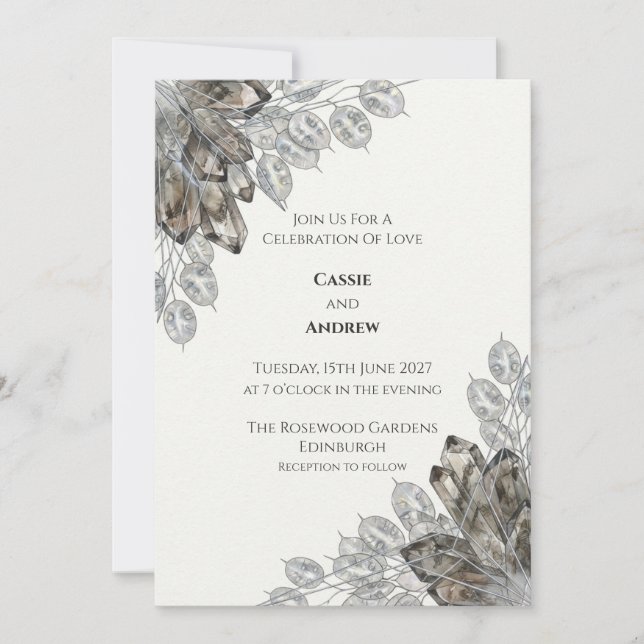 Crystal and Silver Honesty Leaf  Invitation (Front)
