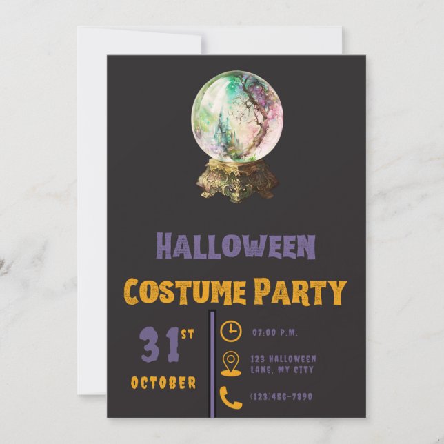 Crystal Ball Fantasy Castle Modern Black Halloween Invitation (Front)