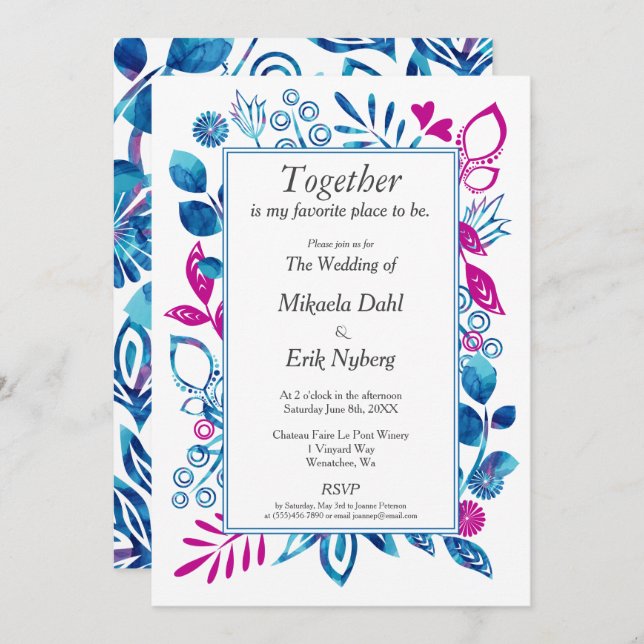 Crystal Blue and Magenta Floral Invitation (Front/Back)