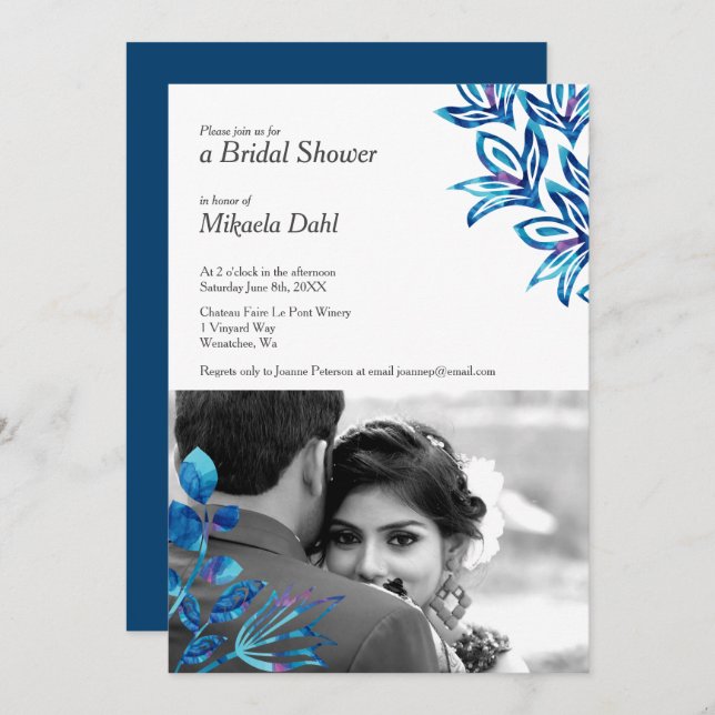 Crystal Blue Floral Photo Bridal Shower Invitation (Front/Back)