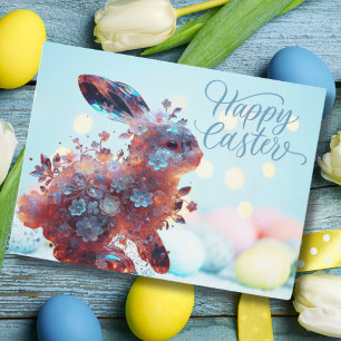 Crystal Bunny with Flowers Pastel Easter Holiday Postcard
