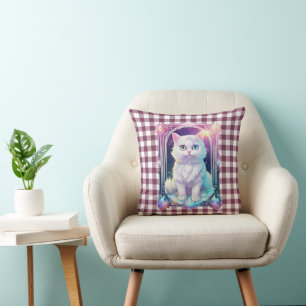 Crystal Cat Purple Black Plaid Cute White Kitten Cushion