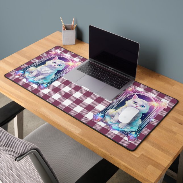 Crystal Cat Purple Black Plaid Cute White Kitten Desk Mat (Office 2)