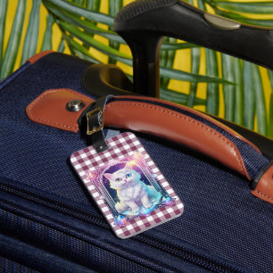Crystal Cat Purple Black Plaid Cute White Kitten Luggage Tag