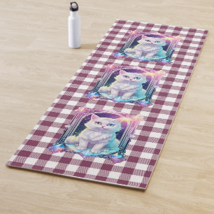 Crystal Cat Purple Black Plaid Cute White Kitten Yoga Mat