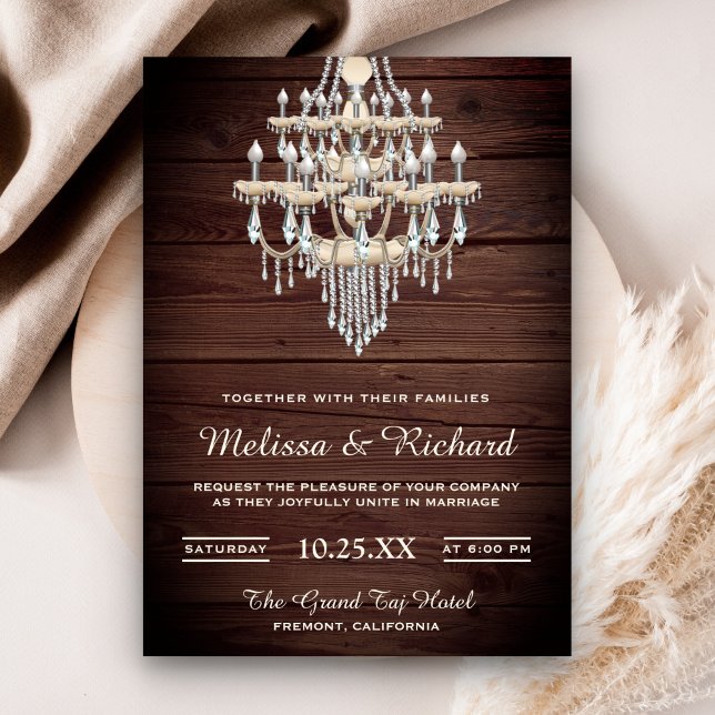 Crystal Chandelier Rustic Wood Wedding Invitation (Creator Uploaded)