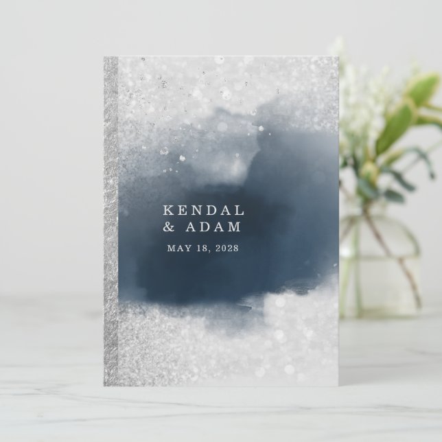 Crystal Clarity Silver Navy Modern Wedding  Invitation (Standing Front)