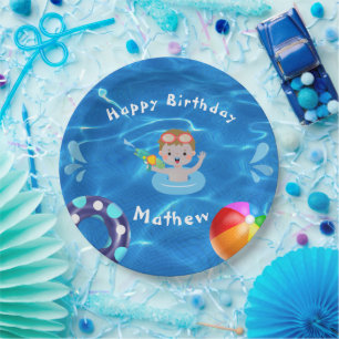 Crystal Clear Happy Birthday Pool Party Paper Plate