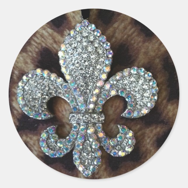 CRYSTAL FLEUR DE LIS ON LEOPARD BORDER PRINT CLASSIC ROUND STICKER (Front)