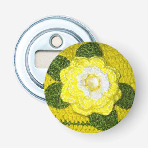 Crystal Gem Yellow Rose Green Leaves Crochet Print Bottle Opener