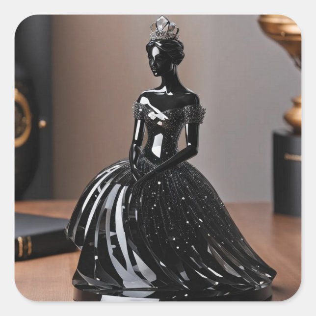 Crystal glass princess with black dress square sticker (Front)