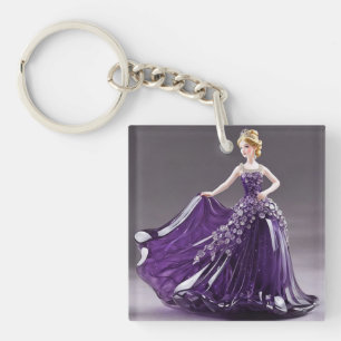 Crystal glass princess with purple dress key ring