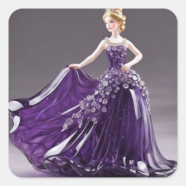 Crystal glass princess with purple dress square sticker (Front)