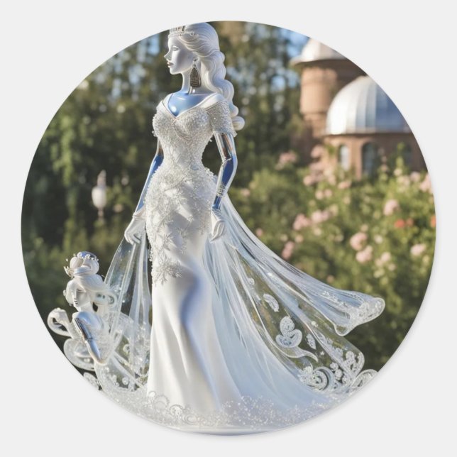 Crystal glass princess with white dress classic round sticker (Front)