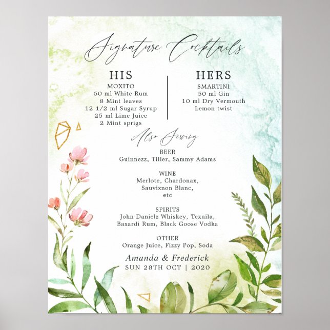 Crystal Greenery Wedding Signature Cocktails Poster (Front)