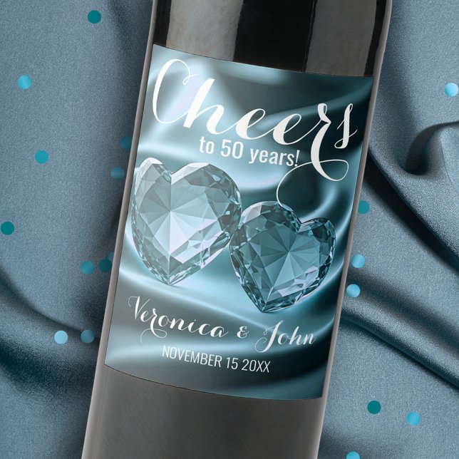 Crystal Hearts on Satin 50th Wedding Anniversary Wine Label (Creator Uploaded)