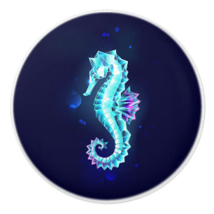 Crystal Ice Seahorse on Blue Background Ceramic Knob