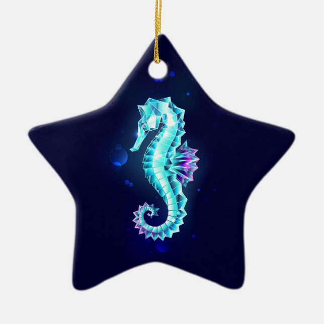 Crystal Ice Seahorse on Blue Background Ceramic Tree Decoration (Front)
