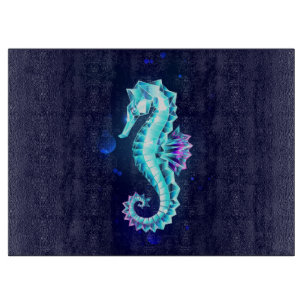 Crystal Ice Seahorse on Blue Background Cutting Board