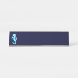 Crystal Ice Seahorse on Blue Background Desk Name Plate