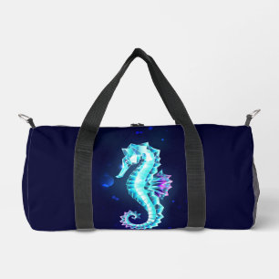 Crystal Ice Seahorse on Blue Background Duffle Bag
