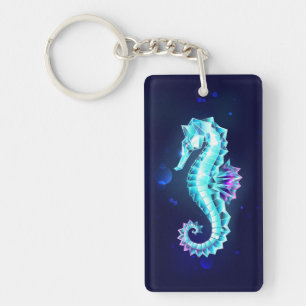 Crystal Ice Seahorse on Blue Background Key Ring