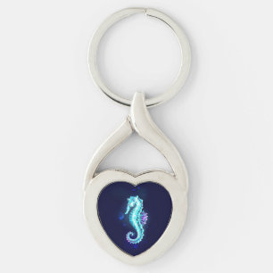 Crystal Ice Seahorse on Blue Background Key Ring