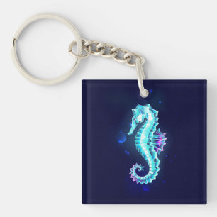 Crystal Ice Seahorse on Blue Background Key Ring
